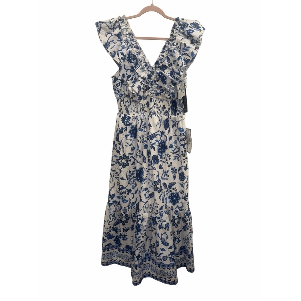 Adrianna Papell Blue White Floral Ruffle Midi Dress NWOT Size 10 Cottagecore - Picture 4 of 10